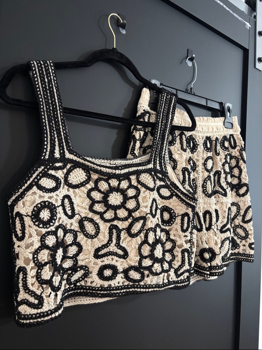 Rebellion Black and Cream Crochet Floral Crop Top and Skirt Set
